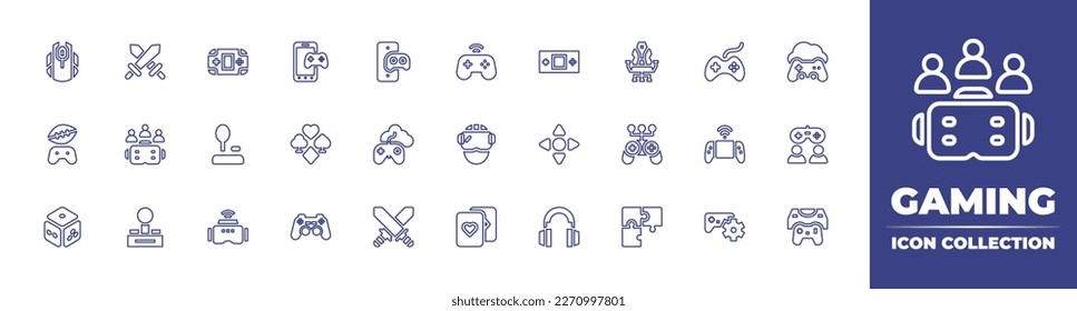 Gaming line icon collection. Editable stroke. Vector illustration. Containing podcast, e sports, fps, gaming chair, guide, gaming, online gaming, vr, console, poker, joypad, game.