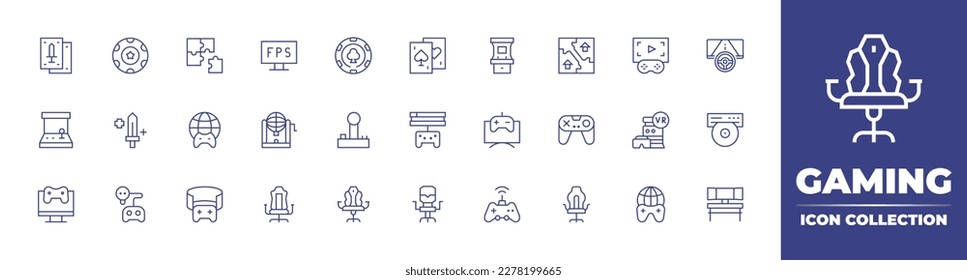 Gaming line icon collection  Editable stroke  Vector illustration  Containing playing cards  poker chip  puzzle  fps  casino chip  card game  arcade  map  trailer  race  arcade machine  buff 