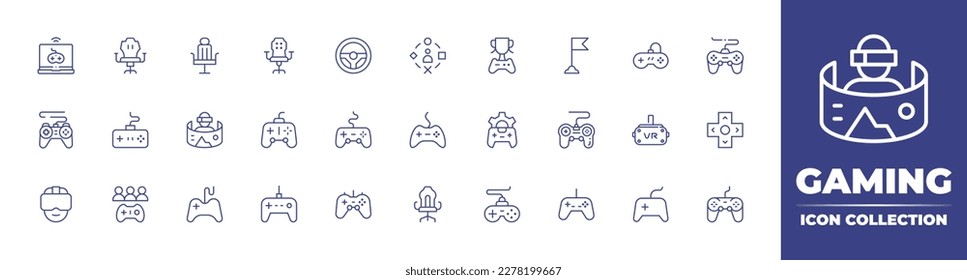 Colección de iconos de la línea de juegos. Trazo editable. Ilustración vectorial. Consta de juegos, silla de juegos, volante, experiencia de usuario, ganador, auriculares, gamepad, juego, realidad virtual, joystick, video