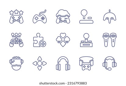 Gaming line icon set. Editable stroke. Vector illustration. Containing gaming, joystick, cloud, game console, game, puzzle, poker, vr, vr glasses, controller, headset.