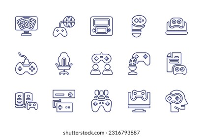 Gaming line icon set. Editable stroke. Vector illustration. Containing online gaming, gaming, controller pad, joypad, gaming chair, gamer, podcast, guide, console, multiplayer, game.