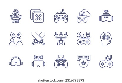 Gaming line icon set. Editable stroke. Vector illustration. Containing gaming chair, dices, game controller, gamepad, vr gaming, hobbies, swords, gaming, vr glasses, control.