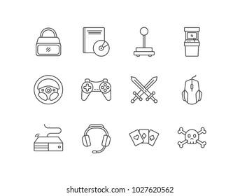 Gaming line icons set with virtual reality glasses, disc box, joystick, arcade machine, gamepad, battle, mouse, video game console, headset, poker, horror.