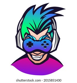 Gaming logo with a boy playing virtual games. Game logo. Bright boy hairstyle