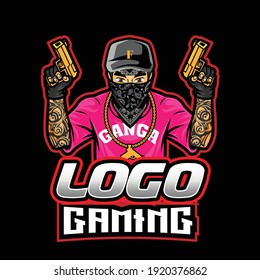Logo de juegos con un hombre con armas
