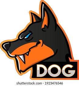 Gaming logo. Very beautiful evil fighting dog. Angry doberman. The logo is suitable for the gaming team. Vector. Isolated from the background