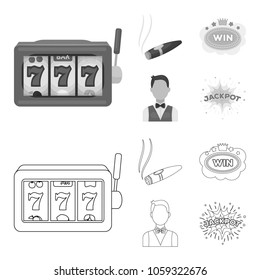 A gaming machine a one-armed bandit, a cigar with smoke, a five-star hotel sign, a dilettante in a vest. Casinos and gambling set collection icons in outline,monochrome style vector symbol stock