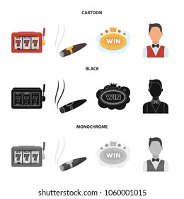 A gaming machine a one-armed bandit, a cigar with smoke, a five-star hotel sign, a dilettante in a vest. Casinos and gambling set collection icons in cartoon,black,monochrome style vector symbol stock