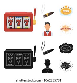 A gaming machine a one-armed bandit, a cigar with smoke, a five-star hotel sign, a dilettante in a vest. Casinos and gambling set collection icons in cartoon,black style vector symbol stock