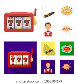 A gaming machine a one-armed bandit, a cigar with smoke, a five-star hotel sign, a dilettante in a vest. Casinos and gambling set collection icons in cartoon,flat style vector symbol stock