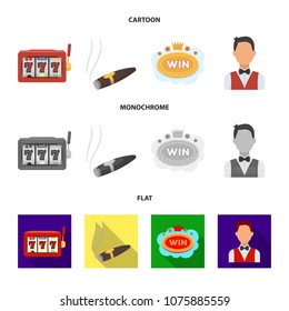 A gaming machine a one-armed bandit, a cigar with smoke, a five-star hotel sign, a dilettante in a vest. Casinos and gambling set collection icons in cartoon,flat,monochrome style vector symbol stock