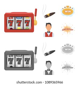 A gaming machine a one-armed bandit, a cigar with smoke, a five-star hotel sign, a dilettante in a vest. Casinos and gambling set collection icons in cartoon,monochrome style vector symbol stock