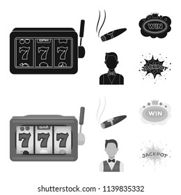A gaming machine a one-armed bandit, a cigar with smoke, a five-star hotel sign, a dilettante in a vest. Casinos and gambling set collection icons in black,monochrom style vector symbol stock