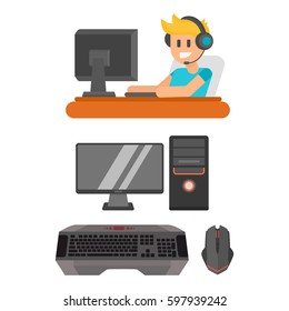 Gaming man with headphones vector illustration.