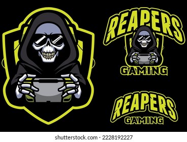 Gaming mascot design with grim reaper wearing headphones and sunglasses while playing a videogame.