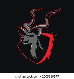 Gaming mascot icon of antelope specie kudu with long twisted horns. Can be used as a team logo for gamers or in other Online competitive sports related projects and posters. Can be printed on t shirts