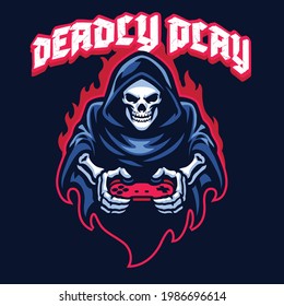 gaming mascot logo grim reaper skull playing game