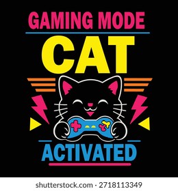 Gaming Mode Cat Activated Neon Colorful Cat Gamer Vector Illustration