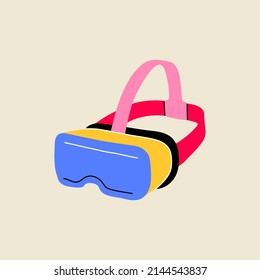 Gaming modern element, Game VR glasses or goggles in flat line style. Hand drawn graphic virtual reality headset, optical technology. Vector Illustration for decoration, logo, sticker, icon.