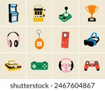 Gaming modern and retro elements in flat line style. Hand drawn vector illustration: Headphones, Game Console, Controller, Slot and Arcade Machine, Logic Game, Joystick, VR glasses, Wheel, Trophy Cup	