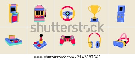 Gaming modern and retro elements in flat line style. Hand drawn vector illustration: Headphones, Game Console, Controller, Slot and Arcade Machine, Logic Game, Joystick, VR glasses, Wheel, Trophy Cup