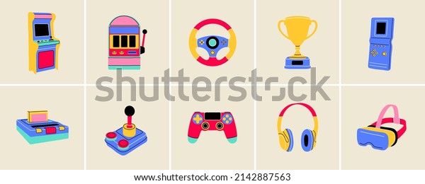 Gaming modern and retro elements in flat line style.\
Hand drawn vector illustration: Headphones, Game Console,\
Controller, Slot and Arcade Machine, Logic Game, Joystick, VR\
glasses, Wheel, Trophy\
Cup