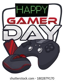 Gaming mouse, cellphone and game controller with greeting sign and pixel display ready for a happy Gamer Day celebration.