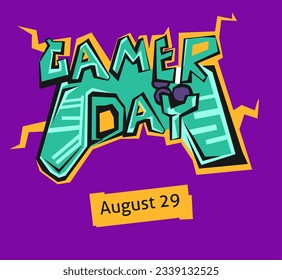 Gaming mouse, cellphone and game controller with greeting sign and pixel display ready for a happy Gamer Day celebration.