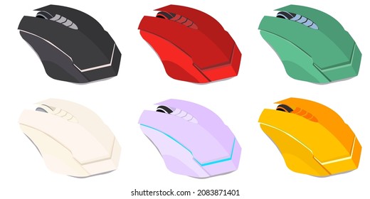 Gaming mouse with function buttons. Fashionable design. Black, pearlescent, red, lello, pale green and sandy colors.