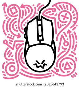 Gaming mouse with pink doodle on background. Simple illustration. Hand drawn doodle for sticker, postcard, wallpaper, mural, fabric, prints, wall decor, clothing, etc