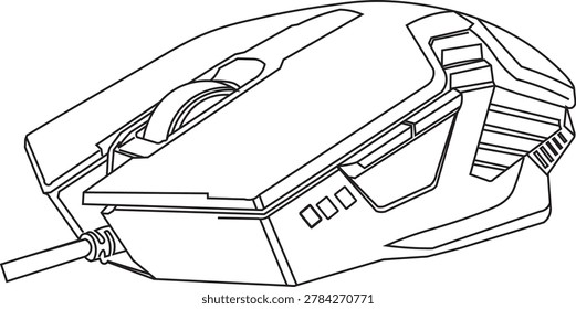 Gaming mouse vector line art illustration. Technical black and white contour drawing of a computer gamer mouse. Customizable stroke, isolated on white background.