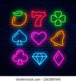 Iconos de neón para juegos para el casino. Señales para máquinas tragaperras.