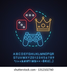 Gaming neon light concept icon. Gambling idea. Leisure and entertainment. Glowing sign with alphabet, numbers and symbols. Vector isolated illustration
