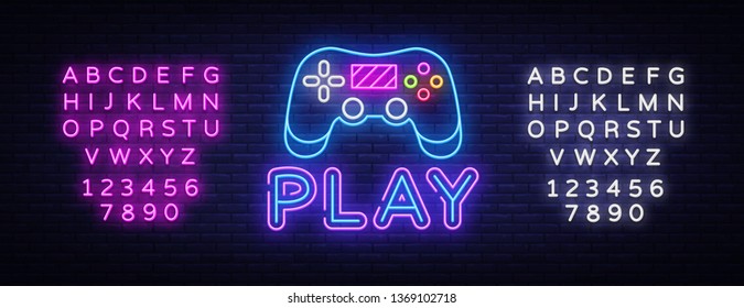 Gaming neon sign vector. Play Design template neon sign, light banner, neon signboard, nightly bright advertising, light inscription. Vector illustration. Editing text neon sign