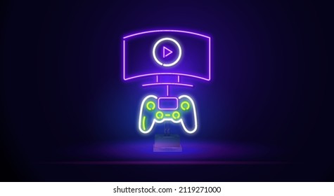 Gaming neon sign vector. Play Design template neon sign, light banner, neon signboard, nightly bright advertising, light inscription. Vector illustration