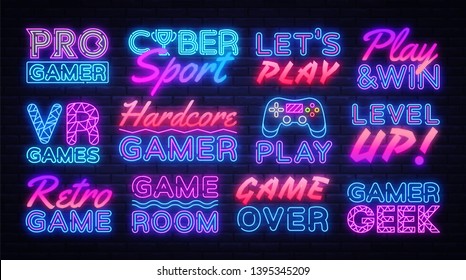 Gaming neon signs set design template. Big Collection Game Signs neon, light banner design element colorful modern design trend, night bright advertising, bright sign. Vector illustration