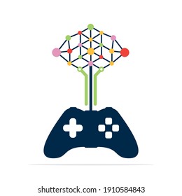Gaming Networking tree logo concept design template. Joystick with technical tree  icon vector design.