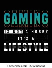 
Gaming is not a hobby, it's a lifestyle,  t-shirt, Template design, and apparel trendy design with palm tree silhouettes, typography, print, and joystick gamepad illustration.