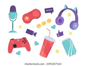 Gaming objects set. Miocrophone and red gamepad and joystick. Headphones and controller. Can and cup with soda and juicy drinks. Cartoon flat vector collection isolated on white background