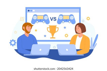 Gaming online concept. Man and woman sitting at laptops and competing in virtual video game for gold cup. Online entertainment on gamepad. Cartoon flat vector illustration isolated on white background