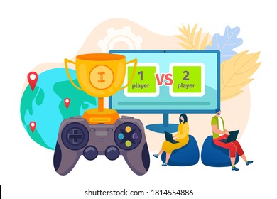 Ilustración vectorial de concepto de juegos en línea. Gente jugando con videoconsola, gamepad. Tecnología de vídeo para el ocio y el entretenimiento. Jugadores con joystick ganador del premio, juegos de azar
