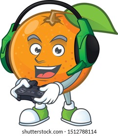 Gaming orange fruit cartoon with leaf green.