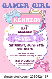 Gaming party invitation design template. Gamer girl kawaii B-day celebration poster with cartoon controller and cute decorative elements. Kids party event concept. Vector flat style illustration