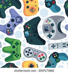 Gaming pattern. Video games gadgets console controllers smart devices garish vector seamless background for textile design projects