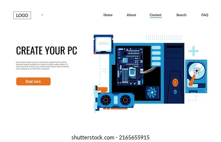 Gaming PC assembly landing. Personal computer components web page template with electric parts and accessories. Vector website. Online shop with customized technology or equipment web