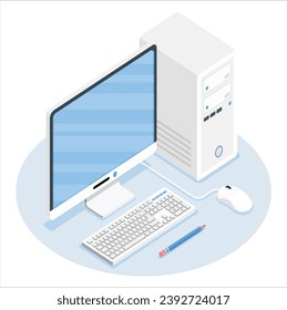 Computadora de PC de juegos brillando en oscuridad. ilustración de estuche de computadora moderno, monitor, teclado, en escritorio. PC de videojuegos estatiarios. Luces de neón de las partes electrónicas del equipo de caja del sistema. 2480