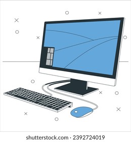 Computadora de PC de juegos brillando en oscuridad. ilustración de estuche de computadora moderno, monitor, teclado, en escritorio. PC de videojuegos estatiarios. Luces de neón de las partes electrónicas del equipo de caja del sistema. 2479