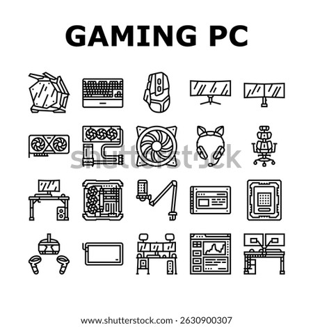 gaming pc hardware icons set vector. processor, motherboard, ssd, overclocking, fps, resolution vr peripherals, rgb build gaming pc hardware black contour illustrations
