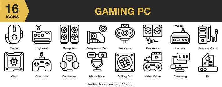Gaming PC icon set. Includes Webcam, processor, hardisk, memory card, streaming, cooling fan, and More. Outline icons vector collection.