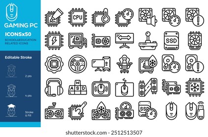 Gaming pc icons set. Game genres and attributes. Lines with editable stroke. Isolated vector icons